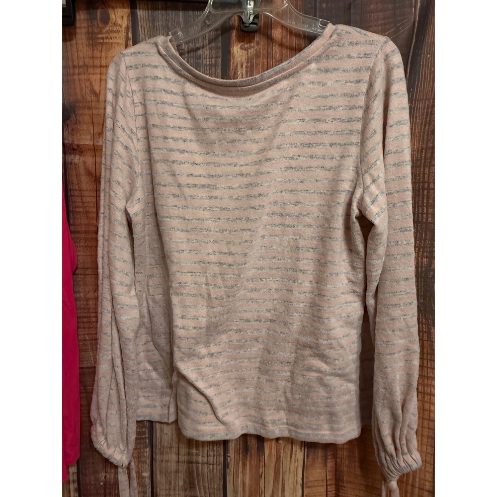 a.n.a Womens Peach Grey Striped Long Sleeve Knit Top Tie Cuff Scoop Neck Large